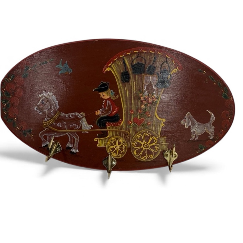 Tole Ware Coat Rack VTG Red Wall Decor W Brass Hooks Painted Colorful Dog Man